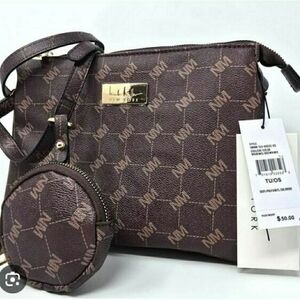 Nicole Miller Crossbody Brown Monogram Purse and Coin Pouch NWT